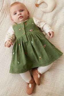 Green Baby 3 Piece Cord Pinafore Dress, Bodysuit And Tights Set (0mths-2yrs) (U35897) | £26 - £28