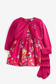 Raspberry Pink Floral 3 Piece Baby Prom Dress, Cardigan And Tights Set (0mths-2yrs) (U35898) | £32 - £34