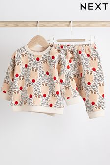 Cream Reindeer Two Piece Baby Sweatshirt And Jogger Set (0mths-2yrs) (U35942) | £14 - £16