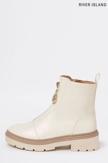 River Island Cream Zip Front Chunky Boots