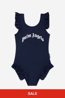 Palm Angels Girls Logo Print Swimsuit in Navy
