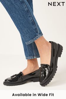 Black Patent Regular/Wide Fit Forever Comfort® Tassel Detail Cleated Chunky Loafer Shoes (U39833) | £38