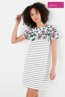 Joules Cream Riviera Print Jersey Dress With Short Sleeves