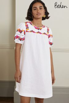 Boden White Embroidered Linen Shift Dress