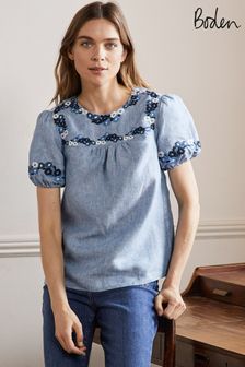 Boden Blue Embroidered Cotton Top