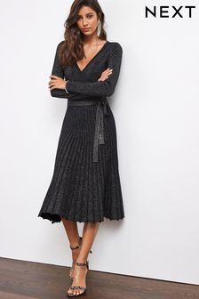 Black Sparkle Long Sleeve Tie Belt Wrap Midi Jumper Dress (U42440) | £55