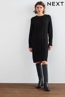 Black Cable Knit Crew Neck Jumper Dress (U42497) | £40