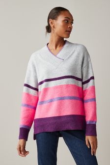 Grey/Bright Pink Stripe High V-Neck Long Sleeve Jumper (U42499) | £35