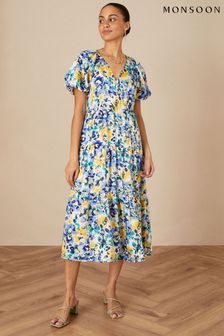 Monsoon Blue Floral Tiered Wrap Dress