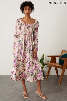 Monsoon Reeta Natural Shirred Floral Print Midi Dress