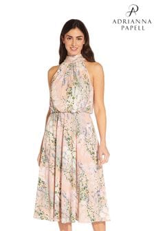 Adrianna Papell Pink Watercolor Floral Midi Dress