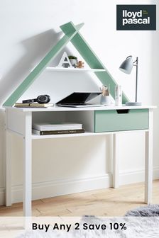 Tipi Desk in White and Green With Shelf & Drawer