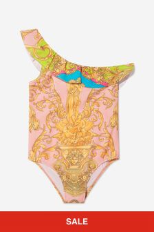 Versace Girls Barocco Goddess Print Swimsuit in Multicoloured