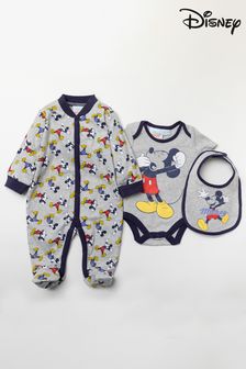 Disney Grey Mickey Mouse Sleepsuit, Bodysuit And Bib Set