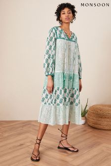 Monsoon Green Whitley Heritage Smock Tiered Dress