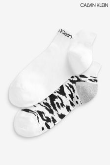 Calvin Klein Womens White Leopard Print Sneaker Socks 2 Pack