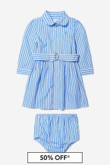 Ralph Lauren Kids Baby Girls Cotton Striped Logo Dress in Blue