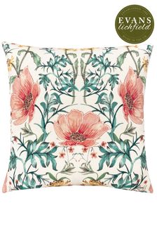 Evans Lichfield Coral Red Heritage Peony Floral Velvet Cushion