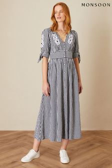 Monsoon Black Gingham Check Embroidered Dolly Dress