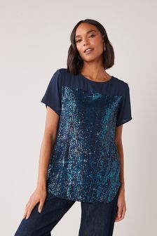 Navy Blue Short Sleeve Chiffon Sequin Party T-Shirt (U51581) | £26