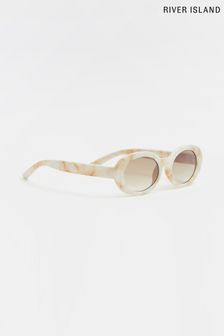 River Island Cream Chunky Oval Plastic Slim Sunglasses
