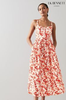 LK Bennett Marling White Cotton English Rose Print Sun Dress