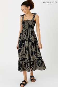 Accessorize Black Palm Print Tie-Shoulder Midi Dress