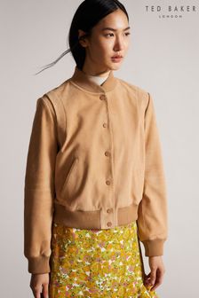Ted Baker Benia Brown Cropped Suede Deep Rib Bomber Jacket