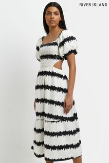 River Island Black Stripe Bardot Cut-Out Midi Summer Dress