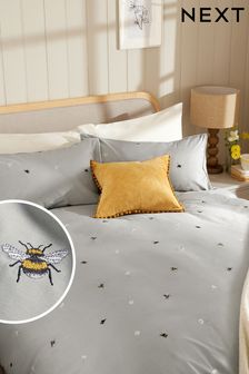 Grey Embroidered Bee With Pipe Trim Duvet Cover And Pillowcase Set (U55377) | £40 - £70