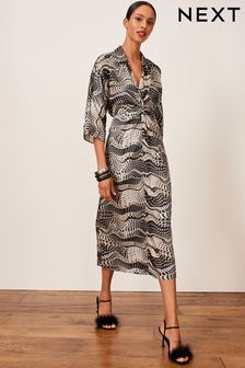 Black/White Abstract Wave Collared Twist Front Midi Dress (U57941) | £56