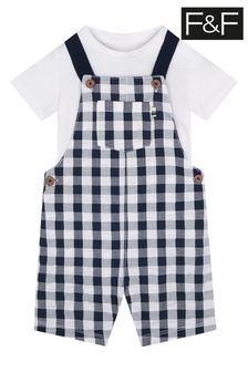 F&F Blue And Cream Gingham Short Dungarees Set