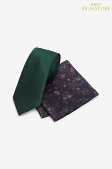 Forest Green Floral Signature Tie And Pocket Square Set (U59824) | £26