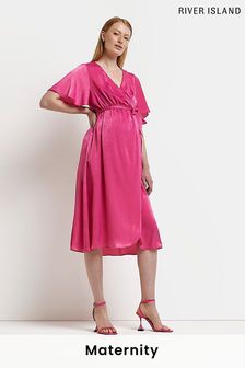 River Island Bright Pink Flutter Short Sleeve Satin Wrap Midi Dress
