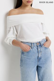 River Island Cream Long-Sleeved Folder Over Burnout Bardot Sweatshirt
