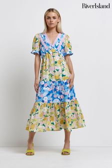 River Island Yellow Bright Short Sleeve Tiered Floral Maxi Dress