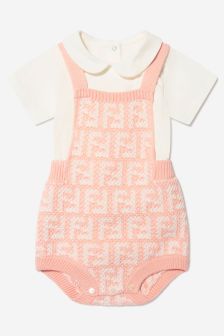 Fendi Kids Baby Girls Knit FF Logo Romper Set in Pink