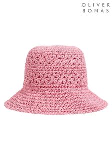 Oliver Bonas Crochet Pink Straw Bucket Hat