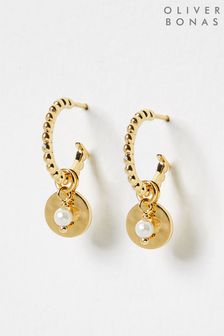 Oliver Bonas Alvina White Textured Disc And Pearl Drop Gold Plated Hoop Earrings