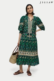Jigsaw Green Cotton Botanical Maxi Dress (U61077) | £175