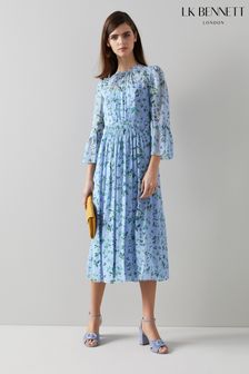 LK Bennett x Royal Ascot Blue Coddington Silk Apple Blossom Print Dress