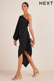 Black One Shoulder Ruched Detail Midi Dress (U62221) | £52