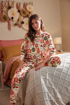 Orange Christmas Baubles Cotton Long Sleeve Pyjamas (U62292) | £29
