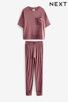 Berry Purple Jersey Pyjamas With Satin Trims (U62395) | £38