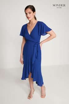 Sonder Studio Glamour Blue Ruffle Wrap Midi Dress
