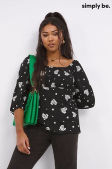 Simply Be Black Daisy Print Supersoft Gathered Bust 3/4 Sleeve Top