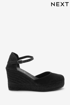 Black Forever Comfort® Leather Ankle Strap Closed Toe Mid Wedges (U64529) | £56
