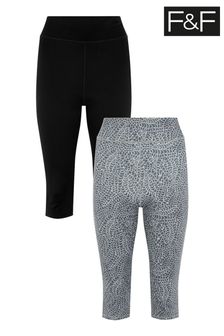F&F Black Active Crop Feather Print Leggings 2 Pack