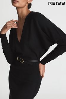 Reiss Black Jenna Petite Cashmere Blend Ruched Sleeve Dress (U65656) | £198