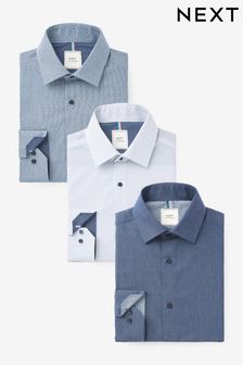 Blue Navy Print Slim Fit Single Cuff Maison Shirts 3 Pack (U68517) | £60